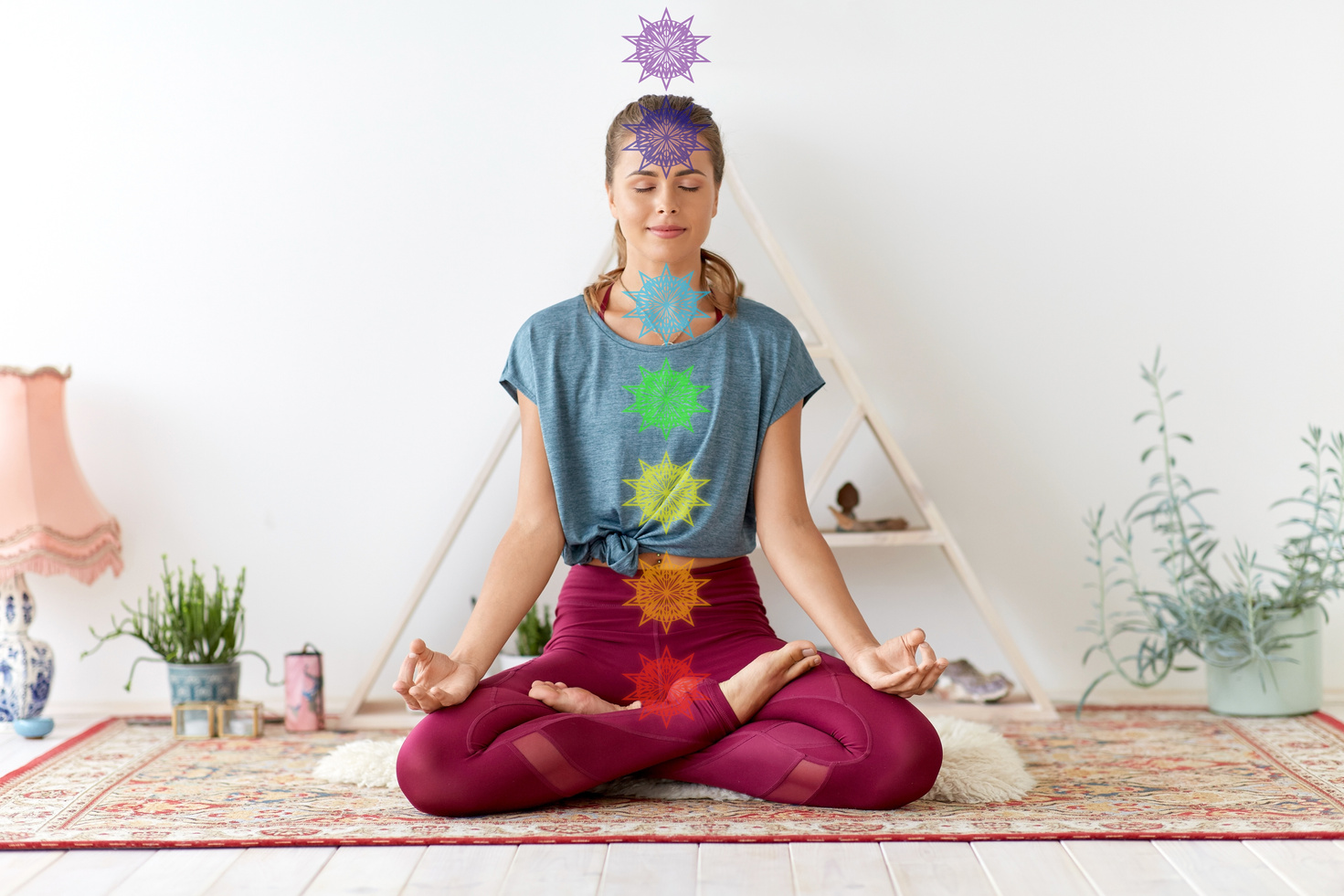 Woman Meditating in Lotus Pose at Yoga Studio